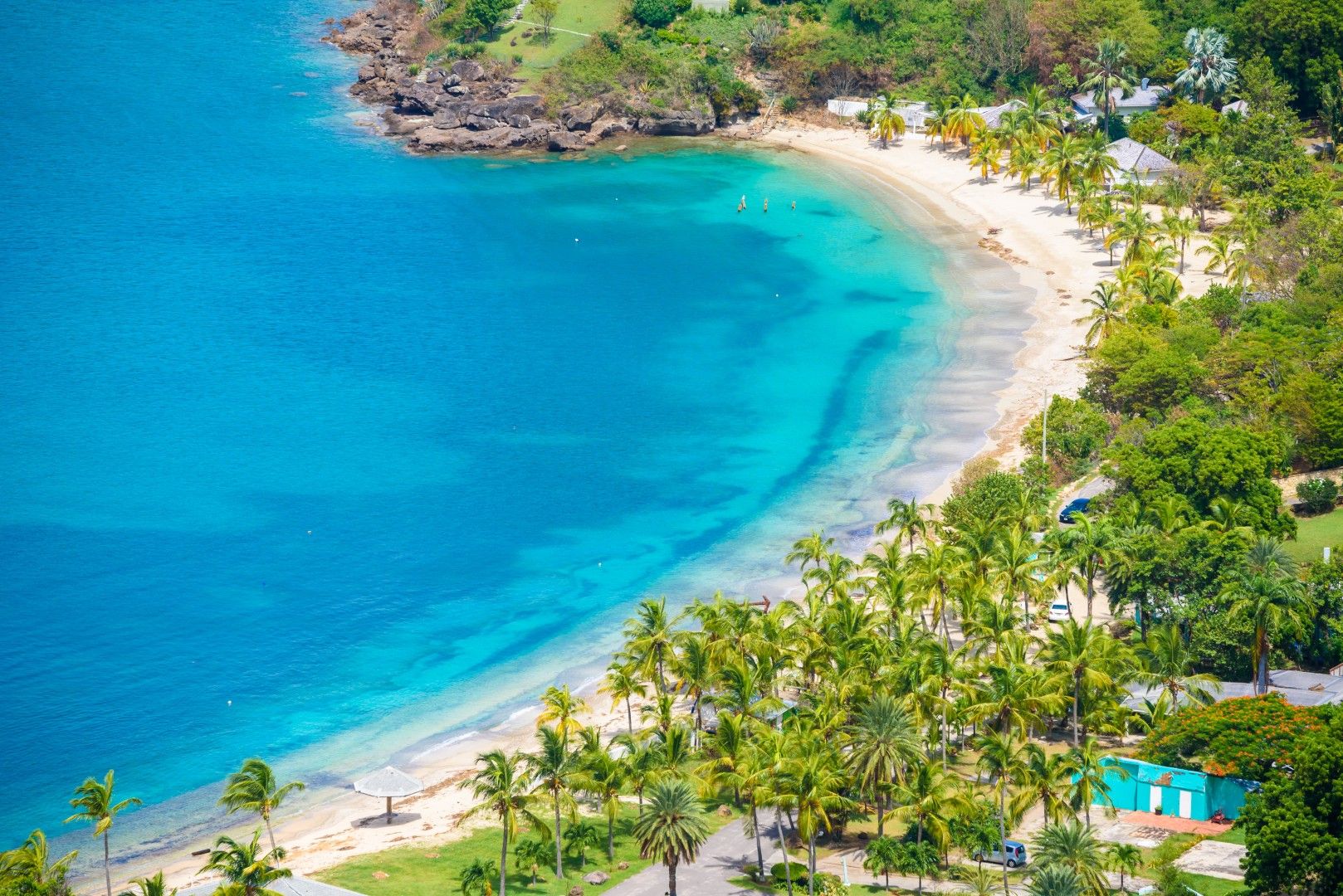View of Galleon Beach from Shirley Heights, Antigua, paradise bay at tropical island in the Caribbean Sea