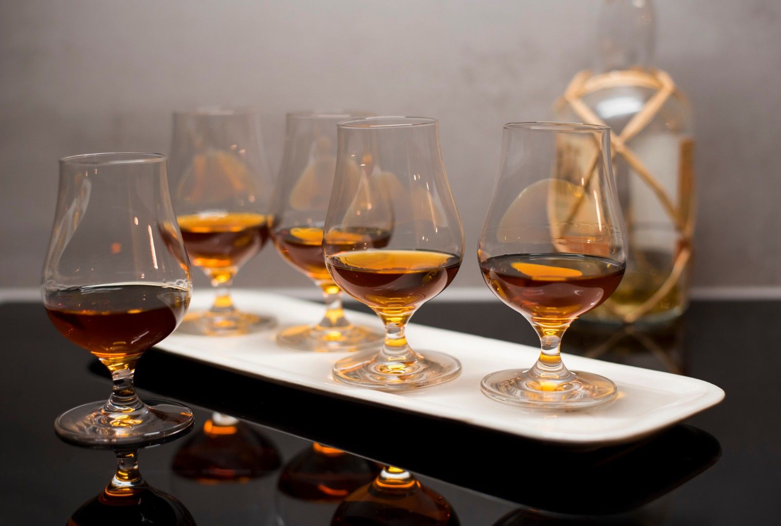 High quality Caribbean rum in modern glass for tasting 