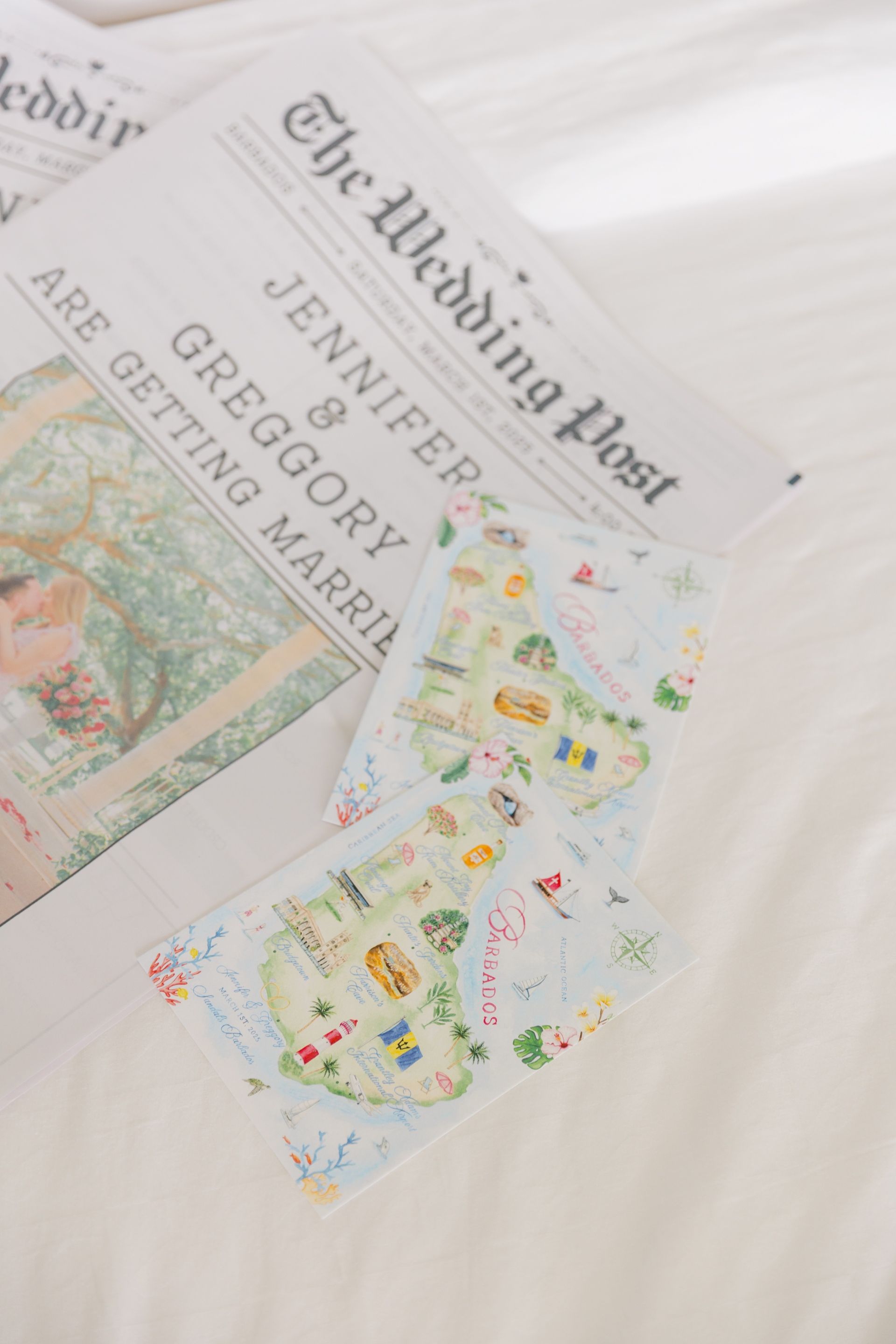 Destination wedding stationery with illustrated Caribbean map and announcement details